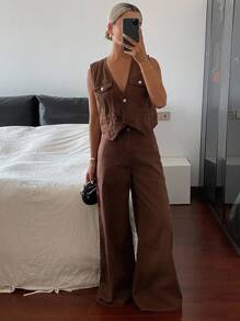 DAZY Conjunto de top sin mangas de cuello en V y pantalones vaqueros de corte holgado para mujer - Azul - Ver 3