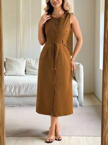 Vionelle 大码女式纯色圆领单排扣休闲无袖连衣裙 - 咖啡棕 - 查看 4