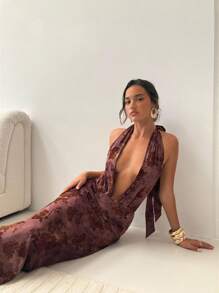 Aloruh Vestido largo elegante y sexy de mujer con cuello en V profundo, espalda descubierta y bordado en flor - Marrón - Ver 4