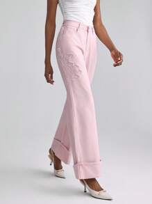 Slaydiva Jeans larges décontractés et amples pour femmes avec broderie florale