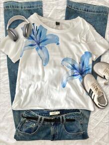 Attitoon 休闲复古风格，街头风格，度假蓝色水彩热带花卉印花，超大短袖宽松T恤，适合夏季，度假风格，Y2K