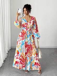 Elenzga Halloween Plus Size Women's Elegant Colorful Floral Print V-Neck Ruched Flared Hem High Slit Long Sleeve Maxi Dress Fall Cloth For Women - Multicolor - View 7