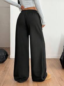 Coolane Celana Sweatpants Kasual Wanita Warna Hitam Rajut dengan Potongan Lebar - Hitam - View 6