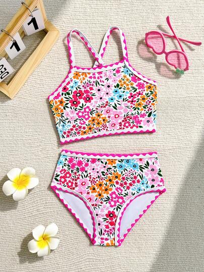 Young Girls Tankinis Floral Neck Hanging Swimsuit Set For Girls, Embellished With Pink Edges, Meets Summer Girls Floral Swimsuit Two Piece Girls High Waisted Bikini Set Kids Floral Bikini Flower Bathing Suit Tween Girl Swimsuit Girls Two Piece Swimsuit Kids High Waisted Bikini Floral Bathing Suit Kids Bikini Set High Waist Summer Floral Swim Suit Girls Floral High Waisted Swimsuit Girls High Waisted Floral Swimsuit Girls Floral Two Piece Swimsuit Summer Two Piece Set