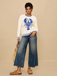 Travachic 大码女式条纹撞色饰边和色块休闲度假毛衣，饰有龙虾图案，秋冬龙虾毛衣女式毛衣龙虾服装女式套头衫新奇毛衣女式毛衣套头衫沙滩毛衣秋季女式外出上衣大码女式毛衣白色毛衣 - 藍白色 - 查看 6