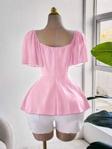 Sweetra 大码女式优雅浪漫雪纺荷叶边袖、荷叶边领、荷叶边下摆腰衬衫 - 粉色 - 查看 3