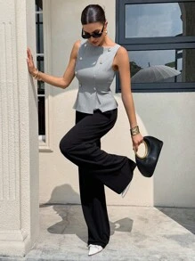 Siren Gaze 女士时尚通勤无袖衬衫，带装饰纽扣，夏季