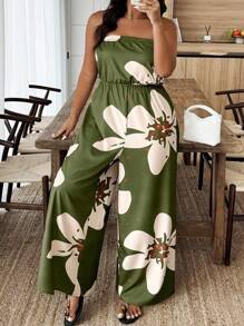 EMERY ROSE Plus Size Floral Print Halter Jumpsuit For Casual, Vacation - Green - View 4