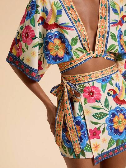 Travachic 2pcs Women's Vacation Printed Cropped Shirt & High Waist Shorts Set Festival Two Piece Outfit Resort Wear Summer Kimono Kimono Two Piece Floral Two Piece Set Kimono Two Piece Set, Tropical Two Piece Set,Casual Woman Style, Fall Outfits For Women, Chic Autumn,Going Out Outfit,Country Style For Women, Tropical Print Two Piece Set