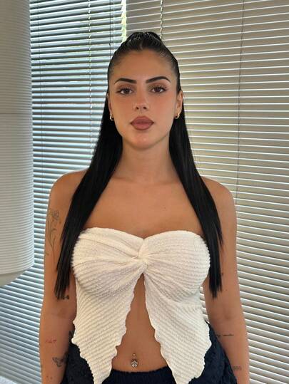 Lucia Bellido 1 pieza Camiseta sin mangas de mujer de punto texturizado con detalle de lazo delantero y bajo asimétrico en color albaricoque, estilo vacacional