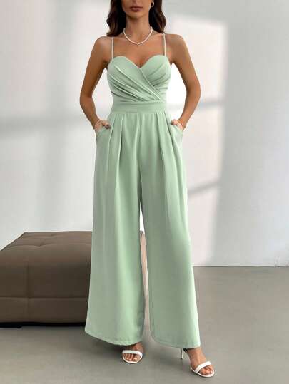 Firerie Women Mint Green V-Neck Sexy Elegant Jumpsuit With Spaghetti Straps
