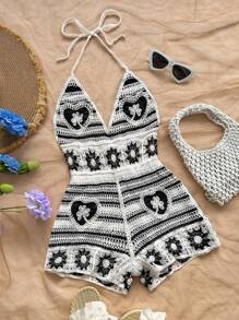 Soleia Macaquinho de Malha Retrô com Decote Halter Vazado e Listras Contrastantes para Férias e Praia para Mulheres - Preto e Branco - Visão 1