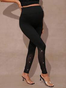 MaterniChic Autumn And Winter Maternity Fashion Silver Foil Mesh Patchwork Leggings - Black - View 5