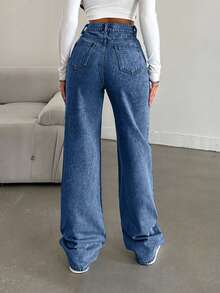 EURMUSE Snow Wash Straight Leg Jeans High Rise ,Petite Women - Teal Blue - View 2