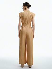 Aalyst Elegancki damski kombinezon do pracy, swobodny, wygodny, uroczy, retro, minimalistyczny, bez rękawów, z dekoltem w serek, luźny, prosty, z szerokimi nogawkami, duża kieszeń, pasek w pasie, jednolity kolor