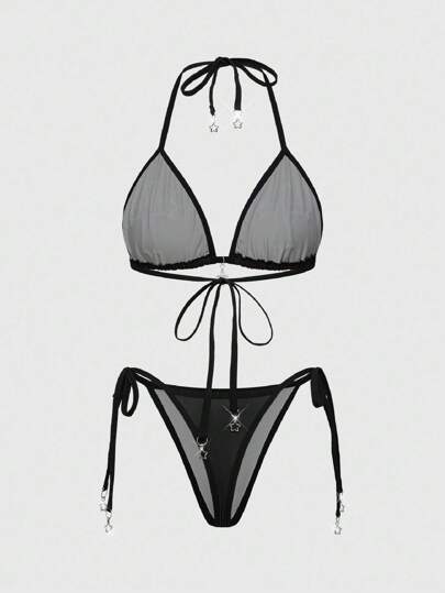 Goth Gothic Cross & Pentagram Rhinestone Decor Lace-Up Wireless Bra Set For Women