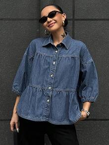 Strévra 女式翻领泡泡袖宽松休闲牛仔衬衫