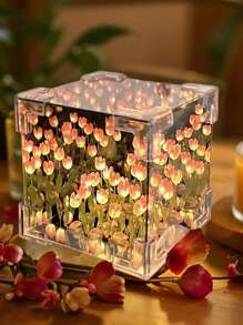 Teckwe 1 件手工 DIY 创意礼物，20 朵郁金香造型 DIY 迷你夜灯，3D 立体花卉氛围灯，优雅桌面装饰，可作夜灯使用，关灯后可作镜子使用，情人节送给女朋友的礼物 - 粉色 - 查看 4