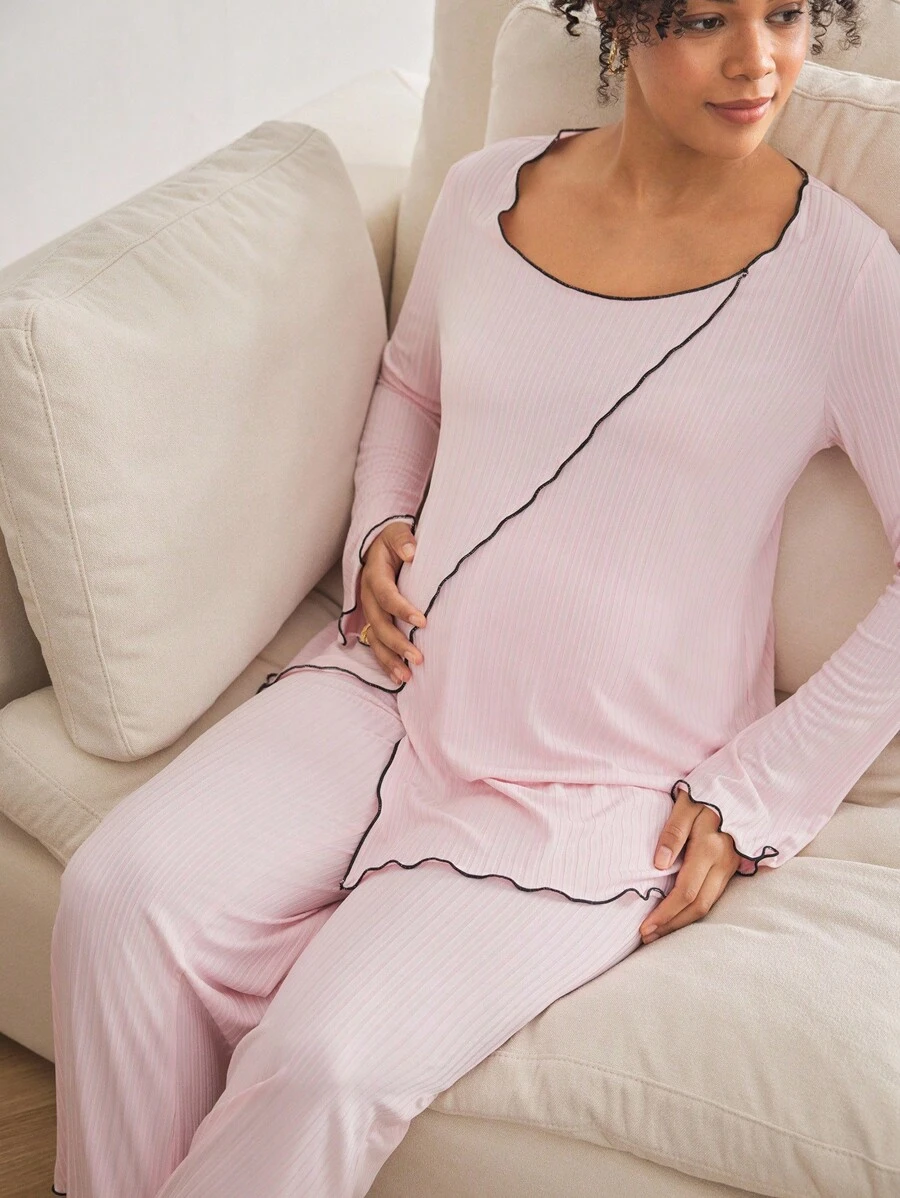 Moonlight&Mama Comfortable Rib Knit Pink Long Sleeve & Pants Pajama Set, Maternity Loungewear - Pink - View 1