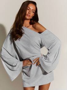 Athîral Vestido mini de mujer con cuello asimétrico, manga de campana y unicolor para uso diario