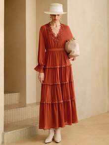 Arave 女式优雅腰部收紧褶皱蕾丝和网眼灯笼袖长裙，波西米亚和嬉皮风格 - 紅色 - 查看 5