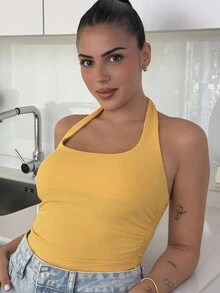 Lucia Bellido Camiseta de tirantes de cuello halter de unicolor para mujer, de verano - Amarillo - Ver 1
