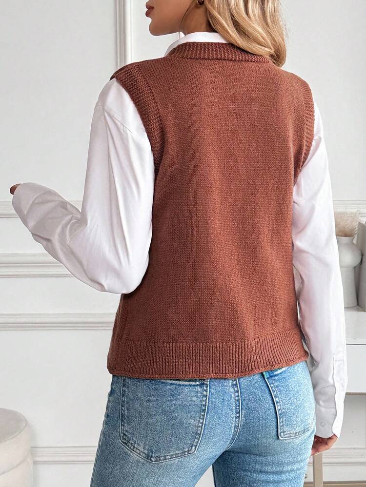 New Casual Versatile Solid Color Women Knitted Vest Sweater Vest For Women Button Up Sweater Vest Women Cable Knit Vest