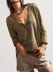 Bohemela 波西米亚风女式休闲纯色绿色圆领半扣前开宽松长袖水洗宽松 T 恤，适合女士农夫上衣，朴实上衣，复古西部乡村风格音乐会度假、外出、返校，适合秋冬季 - 橄欖綠 - 查看 4