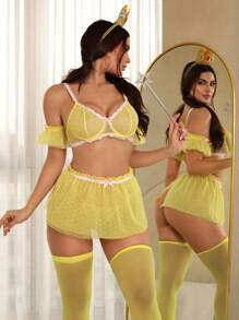 SHEIN 7 件套性感撞色蕾丝波尔卡圆点网眼薄纱内衣套装带袖和渔网袜，外出穿着 - 黃色 - 查看 1