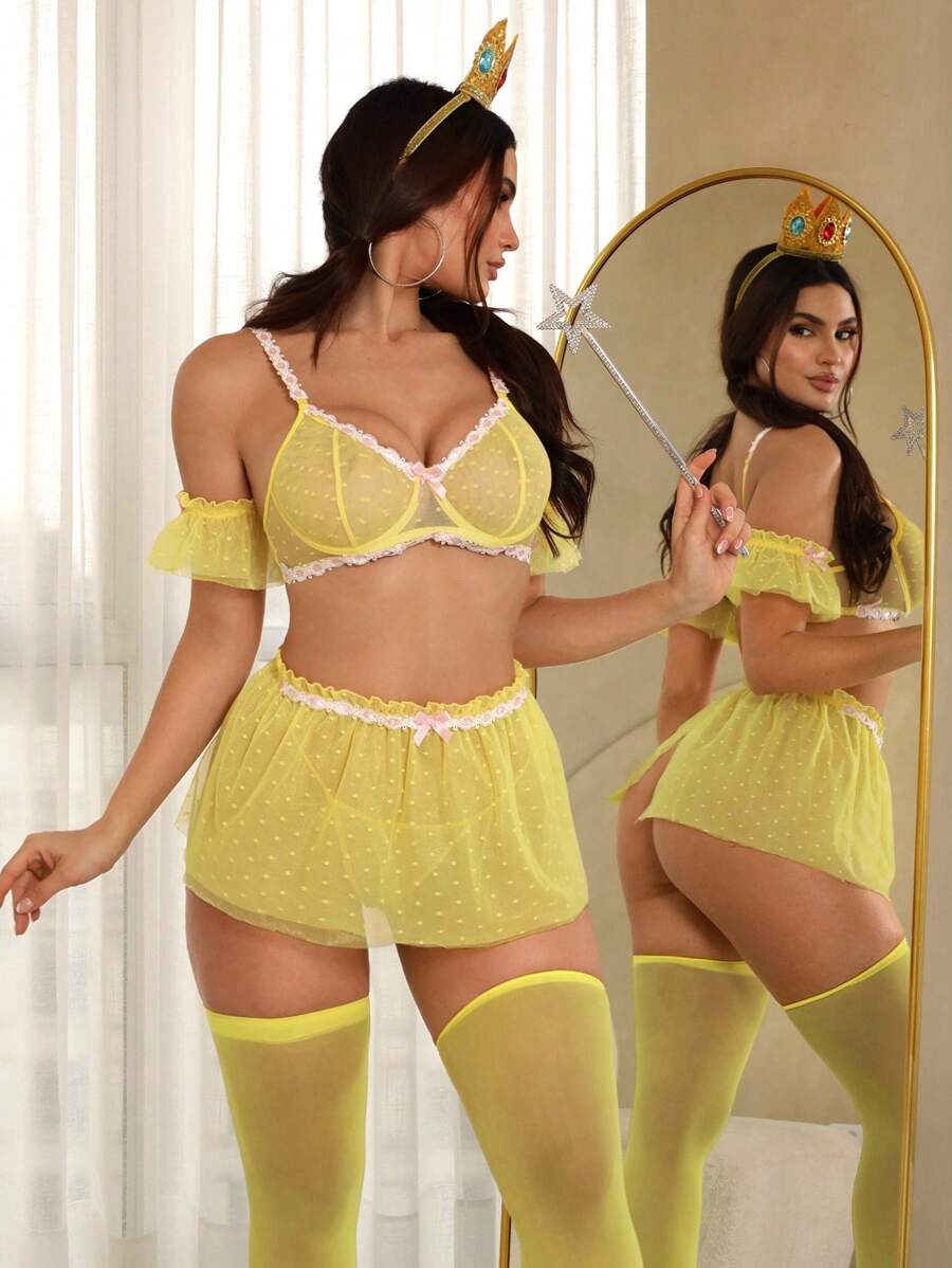 SHEIN 7 件套性感撞色蕾丝波尔卡圆点网眼薄纱内衣套装带袖和渔网袜，外出穿着 - 黃色 - 查看 1