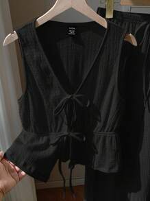 GalTyme Bộ đồ đôi nữ cỡ lớn, kiểu dáng thường ngày, đơn giản, màu trơn, cổ chữ V, thắt nơ phía trước, không tay, vạt peplum và quần ống rộng, thích hợp cho mùa xuân/hè. - màu đen - Xem 6