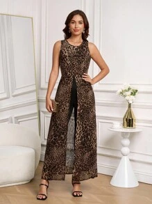 Ellevyn Mono largo elegante sin mangas con estampado de leopardo para mujer, sexy y versátil - Negro - Ver 8