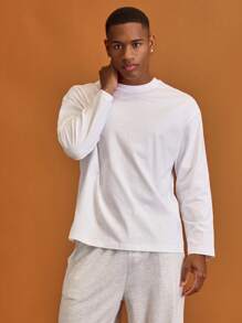 Musero Men Oversized Crewneck Long Sleeve Basic Plain T-Shirt Capsule Wardrobe Layering  Spring&Summer - Apricot - View 4