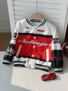 儿童男童休闲舒适赛车图案棒球领加厚长袖夹克，适合通勤、上学、居家、休闲、街拍、派对、户外玩耍 - 彩色 - 查看 2