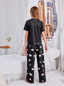 SHEIN Tween Girl Cute Sweet Short Sleeve And Long Pants Knit Flame Retardant Pajamas Set - Black - View 2