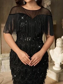 Aureia Plus Size Elegant Simple Black Round Neck Transparent Neckline Splicing Luxury Beaded Tassel Tight Hips Suitable For Wedding Party Celebration Important Occasion Cocktail Gown - Black - View 5