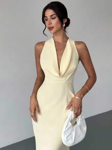 Firerie Elegant Pale Yellow Summmer Day Party Halter Deep V Backless Mermaid Maxi Dress, Glamorous Wedding Guest Formal Dresses For Vacation Graduation - Yellow - View 4