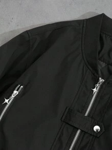 Manfinity EMRG Men's Casual Versatile Solid Color Zipper Design Jacket, Black Jacket Zip Up, Men's Bomber Jacket, Techwear Jacket, Men's Zip Up Jacket, Street Wear Jacket - Black - View 4