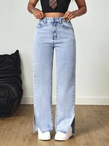 SHEIN Tall 高腰九分开叉浅色洗水牛仔裤 - 淺色水洗藍 - 查看 4