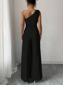 Elenzga Elegant Commuter Solid Color Jumpsuit - Black - View 2