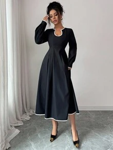 Siren Gaze Solid Color U-Neck A-Line Hem Dress, Contrast Trim Dress, Elegant Women's Clothing, Ladies Office/Commute Long Sleeve Dress, Black Dress Winter Evening Dress Black - Black - View 5