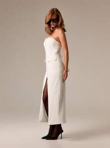 AiiRZ Pinstripe Bandeau Maxi Dress Tailored Front Slit Button Down Summer Resort Vacation Evening Party Formal Sleeveless