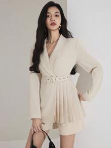 Heiryn Asymmetrical Pleated Vintage Double-Breasted Belted Slim Fit Korean Style Jacket In Fall/Winter - Khaki - View 5