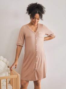 BloomMama Umstandsmode Loungewear - Kurzarm Oberteil + knielanger Jumpsuit - Braun - Übersicht 5