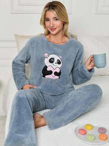 RueChic 2Pcs Pelush Panda Embroidery Detail PJ Set - Blue - View 3