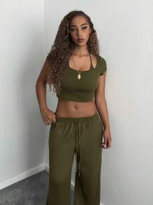 StreetHx 女士街头风短袖 T 恤和运动裤两件套 - 橄欖綠 - 查看 5