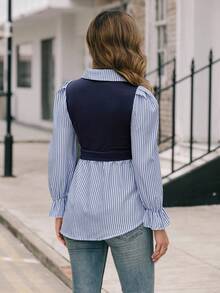 EMERY ROSE Ladies" Fashionable Elegant Blue And White Striped Top - Blue - View 2