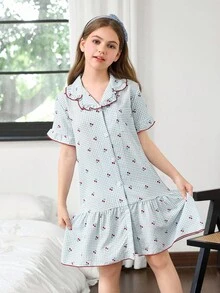 SHEIN 女童荷叶边领口前开褶皱樱桃格子印花睡袍 - 彩色 - 查看 3