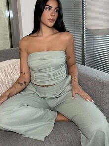 Lucia Bellido Women 2pcs/Set Summer Casual Solid Color Ruched Bandeau Top And Long Pants ,Petite Women - Green - View 6