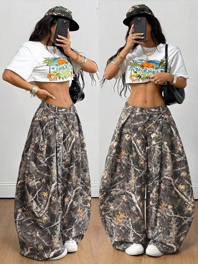 Coolane Women's Fall/Winter Streetwear Going Out Back To School Basic Vintage Tree Branch Pattern Forest Camo Graphics Curved Hem Pants